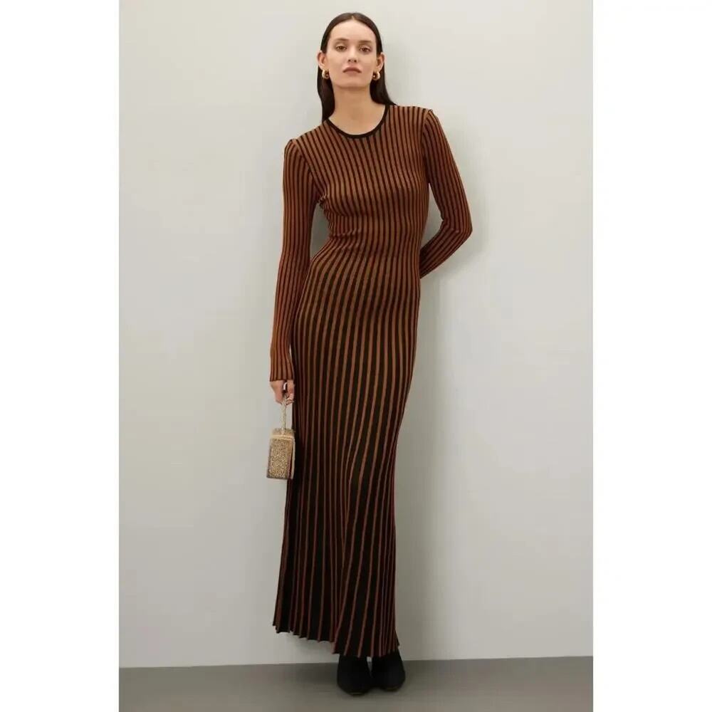 STAUD Selma Dress Brown Long Sleeve Stretchy Knit, Size S
